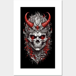 Demon skull head with red horn Posters and Art